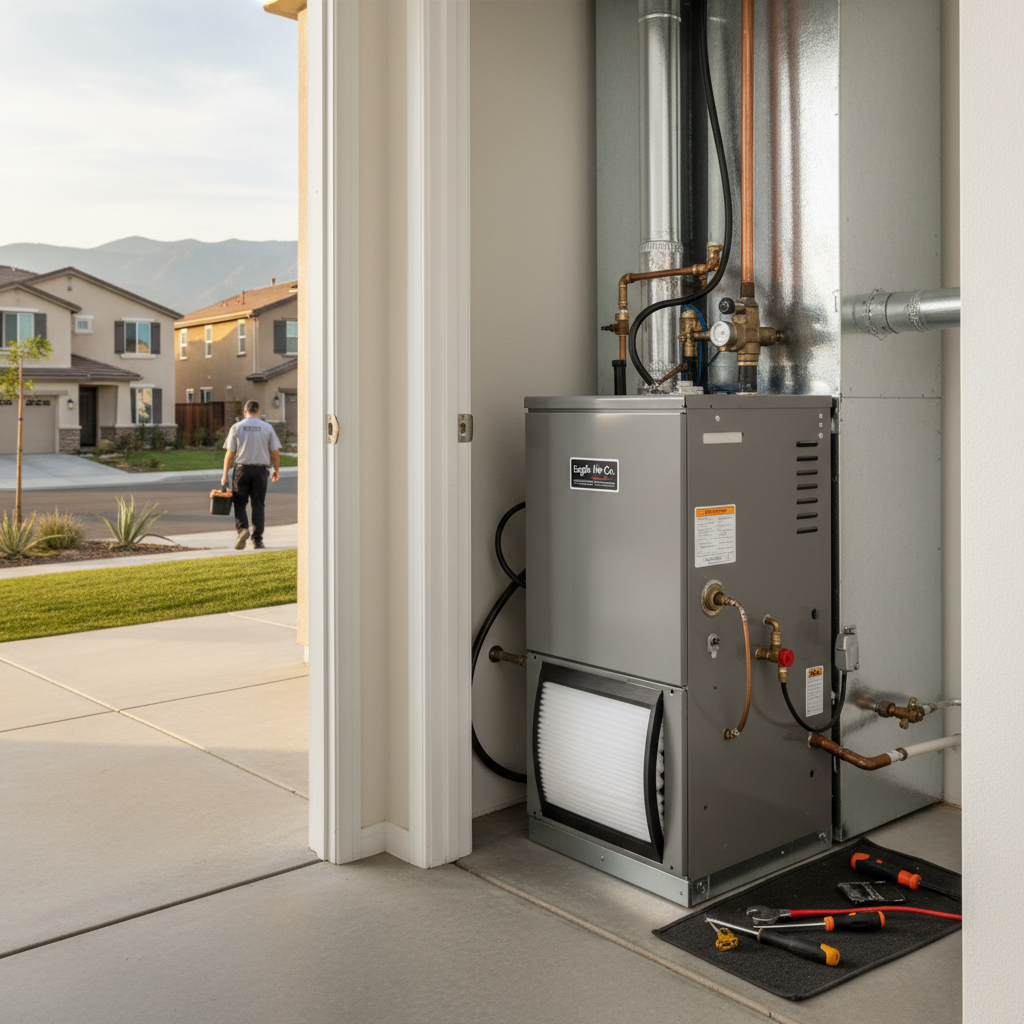 Completed gas furnace repair in a Chino, CA home, showcasing a new, efficient heating system.