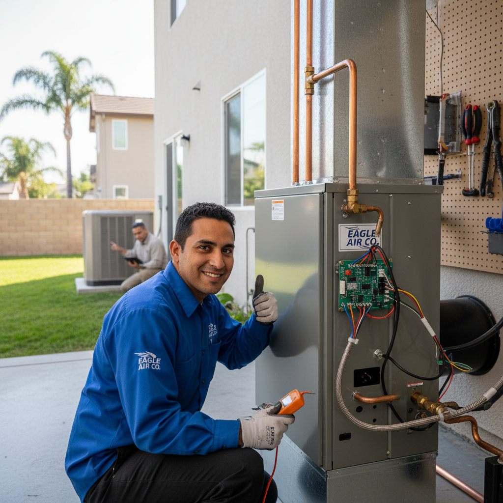 Expert technician from Eagle Air Co completing furnace not heating repair at a Chino, CA home, ensuring warmth and comfort.